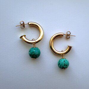 Vintage 14k Yellow Gold Half Hoop Post Earrings With Carved Turquoise Charms